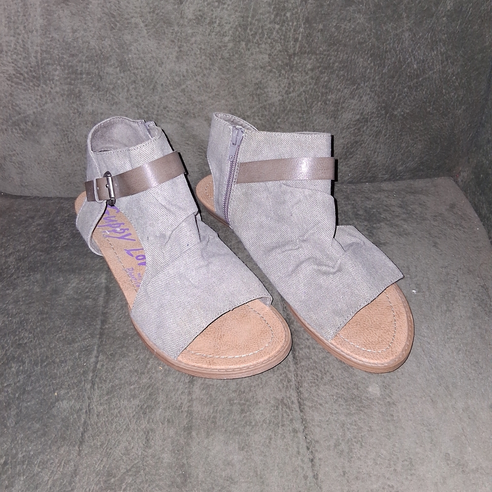 Blowfish Gray Canvas Open-Toe Ankle Wrap Sandals with Brown Strap